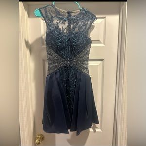 Tony Bowls Mini Cocktail Dress Beaded Lace Navy Blue Size 2